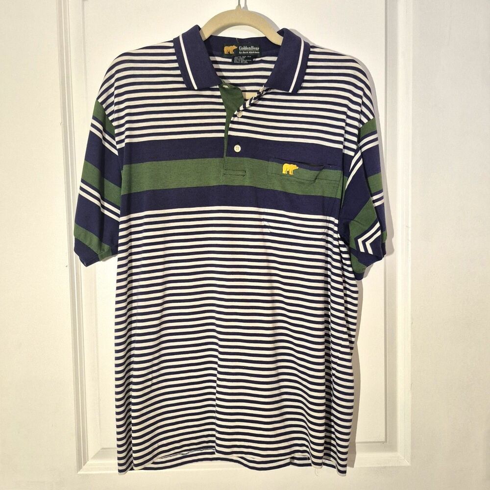 Vintage Golden Bear By Jack Nicklaus Blue Green Stripe Polo Vtg Sz M Golf Preppy